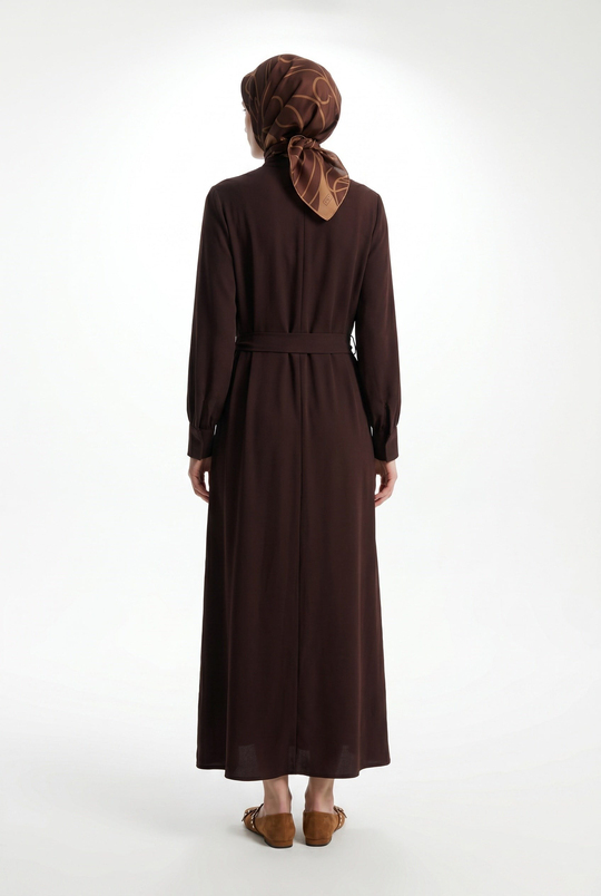 Drape Detaylı Belden Kuşaklı Elbise Kahverengi 26YT904