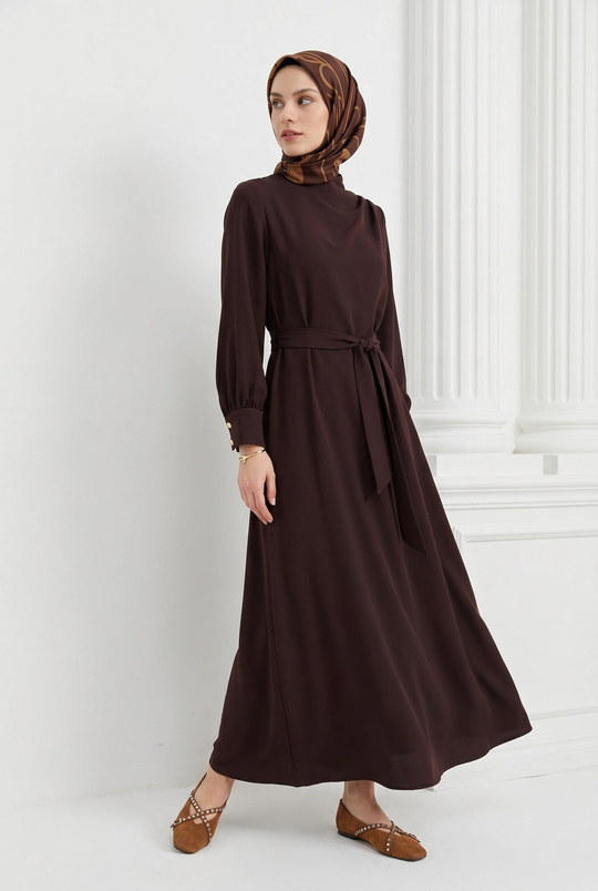 Drape Detaylı Belden Kuşaklı Elbise Kahverengi 26YT904