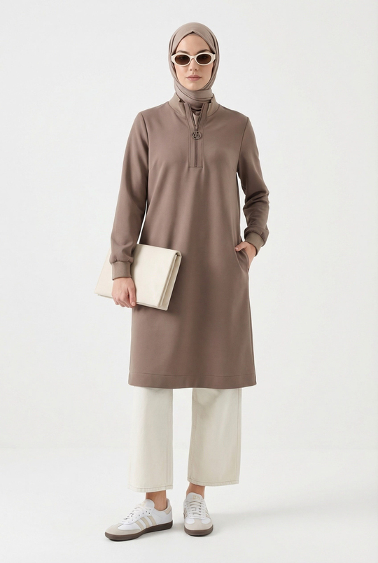 Fermuar Detaylı Basic Tunik Vizon