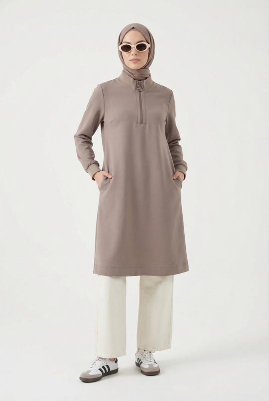 Fermuar Detaylı Basic Tunik Vizon