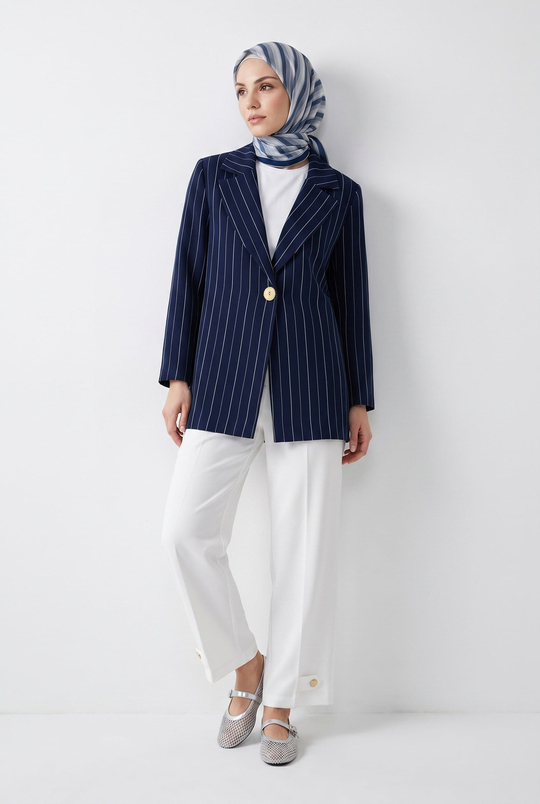 Lacivert İnce Çizgili Blazer Pantolonlu İkili Takım Lacivert 26YT643
