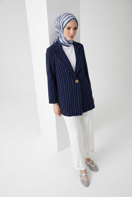 Lacivert İnce Çizgili Blazer Pantolonlu İkili Takım Lacivert 26YT643