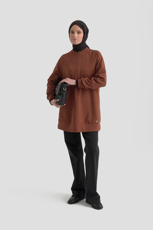 Önü Taş İşlemeli Tunik Taba 25KT449