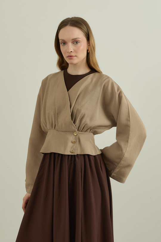 Düğme Detaylı Modal Kimono Bluz Bej