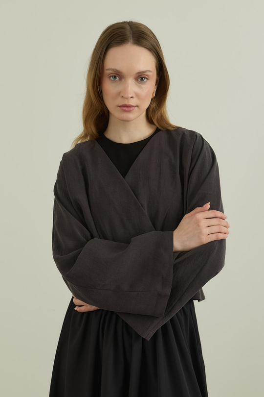 Düğme Detaylı Modal Kimono Bluz Koyu Kahve