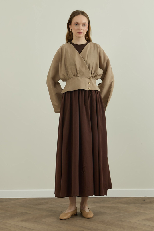 Düğme Detaylı Modal Kimono Bluz Bej
