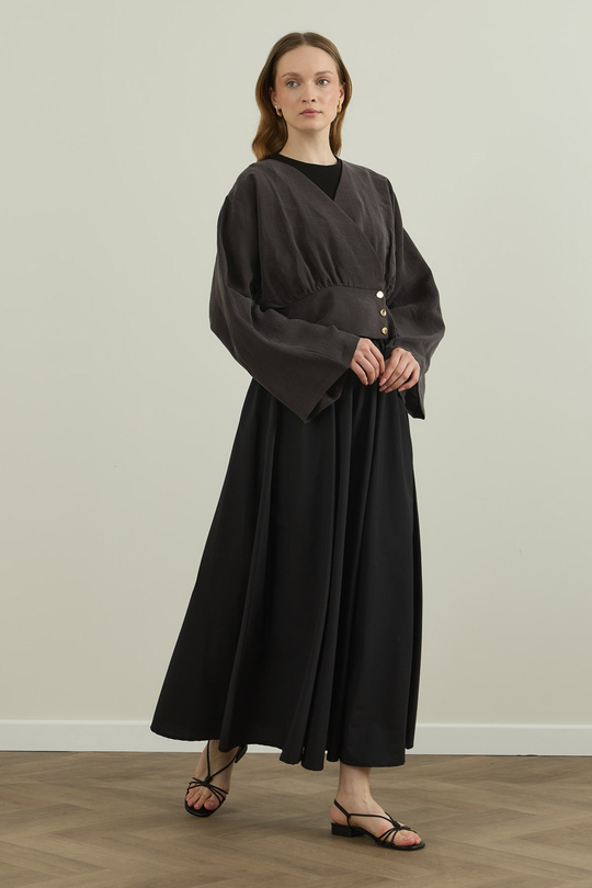 Düğme Detaylı Modal Kimono Bluz Koyu Kahve