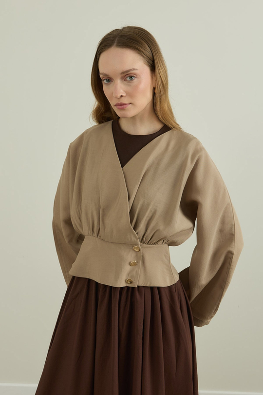 Düğme Detaylı Modal Kimono Bluz Bej
