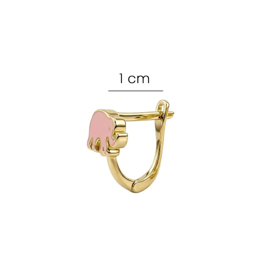 Fil Modeli Pembe Mineli Klips Kilitli Çocuk Küpe 14 Ayar Altın