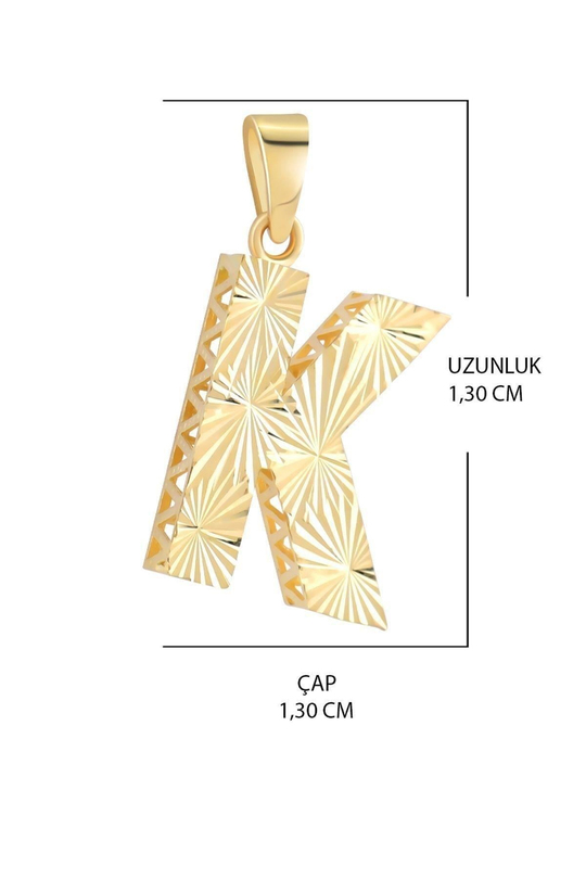 3 Boyutlu Kalemli K Harfi Kolye Ucu 14 Ayar Altın