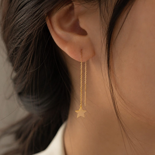 Sallantılı Yıldız 14 Ayar Altın Küpe 5,8 Cm