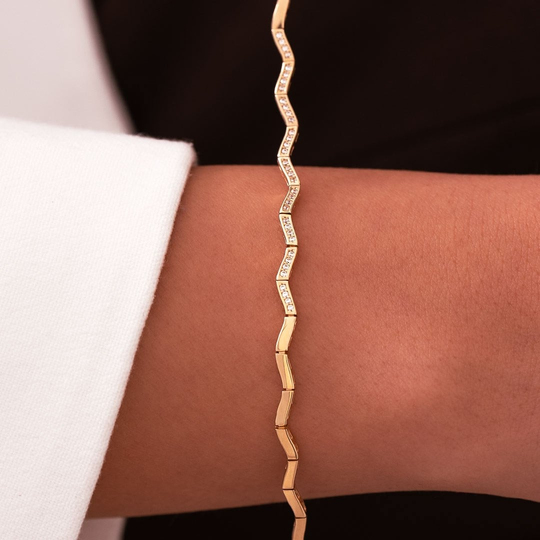 Taşlı Zigzag Model 14 Ayar Altın Bileklik