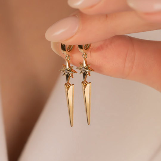 Sallantılı Kuzey Yıldızı 14 Ayar Altın Küpe 4,5 cm