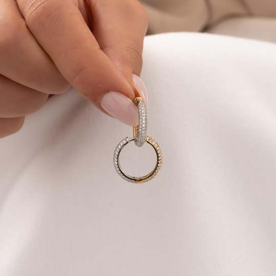Çift Taraflı Taşlı Sarı Ve Beyaz 14 Ayar Altın Halka Küpe 2 Cm