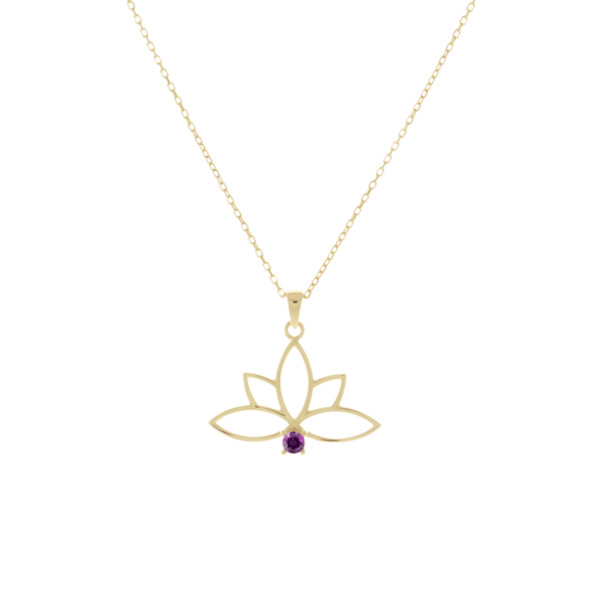 Mor Taşlı Lotus 14 Ayar Altın Kolye