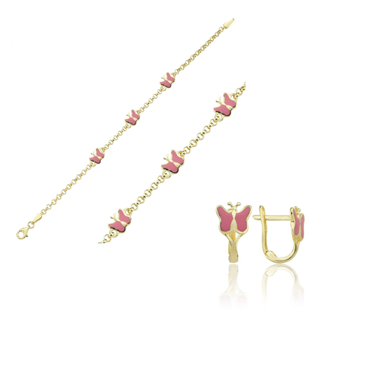 Pembe Mineli Kelebek Çocuk Bileklik Küpe Set
