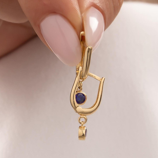 Sallantılı Mavi Renkli 14 Ayar Altın Küpe 1,5 Cm