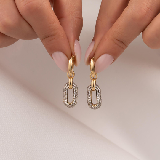 Sallantılı Taşlı 14 Ayar Altın Küpe 3,5 Cm