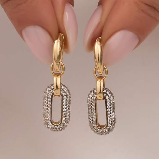 Sallantılı Taşlı 14 Ayar Altın Küpe 3,5 Cm