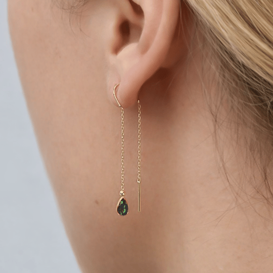 Sallantılı Yeşil Taşlı Küpe 14 Ayar Altın 4.7 Cm
