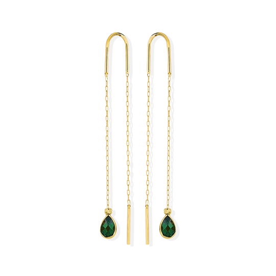 Sallantılı Yeşil Taşlı Küpe 14 Ayar Altın 4.7 Cm