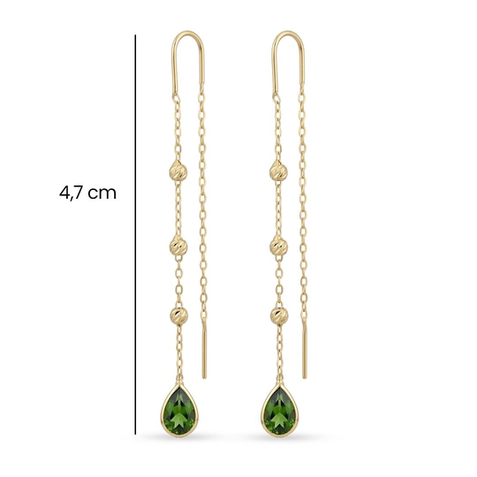 Sallantılı Yeşil Taşlı Küpe 14 Ayar Altın 4,7 Cm