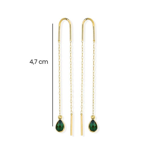 Sallantılı Yeşil Taşlı Küpe 14 Ayar Altın 4.7 Cm