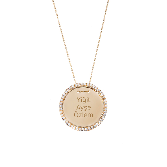 Taşlı İsim Yazılabilir Plaka 14 Ayar Kolye 2.4 Cm