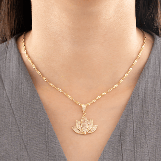 Taşlı Lotus 14 Ayar Altın Kolye