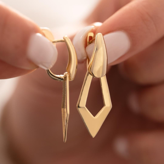 Taşsız Sallantılı Geometrik Tasarım Küpe 14 Ayar Altın 3,5 Cm