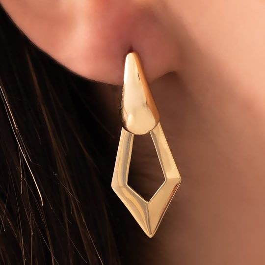 Taşsız Sallantılı Geometrik Tasarım Küpe 14 Ayar Altın 3,5 Cm