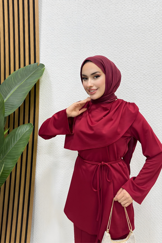 Önü Drapeli İpli Tesettür Takım Bordo