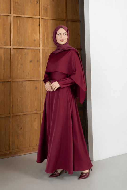 Pelerin Detaylı Zara Saten Tesettür Abiye Elbise Bordo