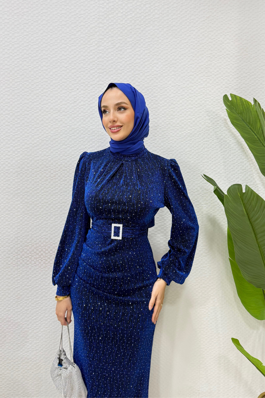 Simli Jakar Kumaş Taşlı Tesettür Abiye Elbise Saks Mavisi