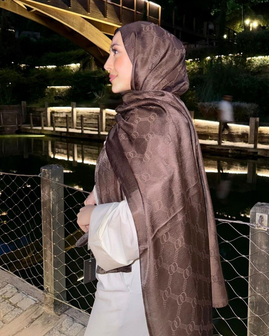 Acı Kahve Imannoor Monogram Zincir Desen Pamuk Jakar Şal