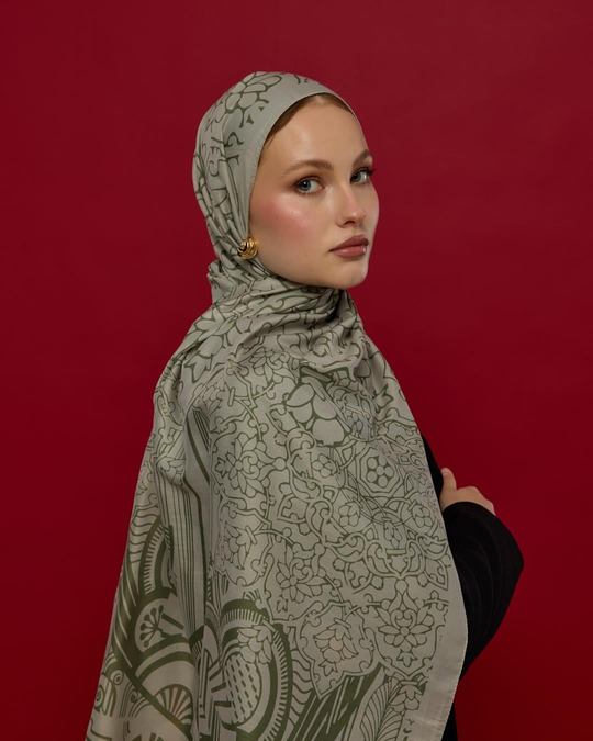 S-HAREM-38 Badem Kremi & Zeytin Yeşili Harem Rüyası Desen Şal