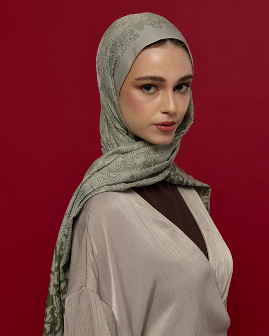 S-SARAYLI-38 Badem Kremi & Zeytin Yeşili Saraylı Desen Şal