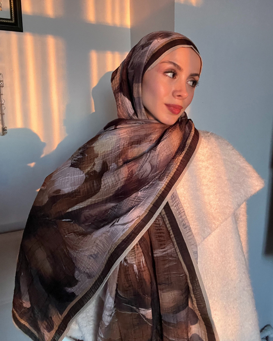 Bej Floral Desenli Müslin Şal