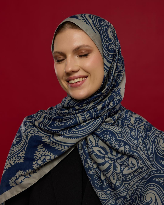 S-SULTANİ-60 Bej & Lacivert Sultani Desen Şal