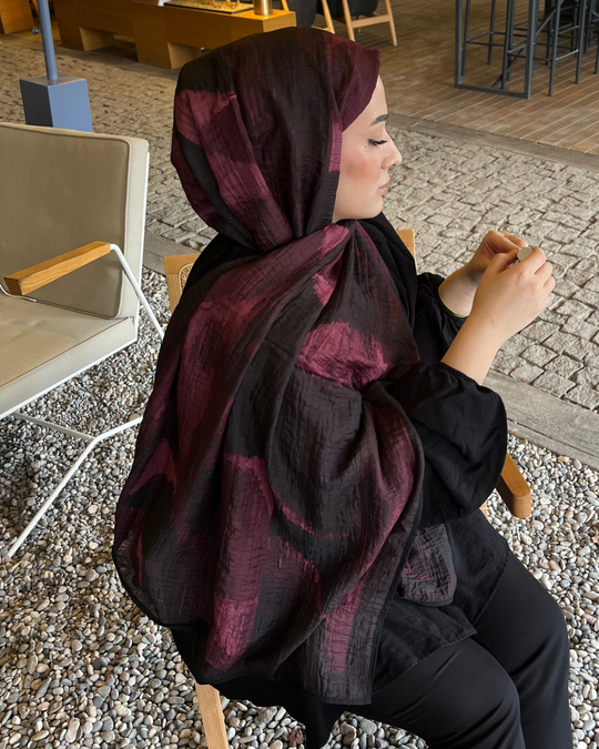 Bordo Karan Desenli Müslin Şal
