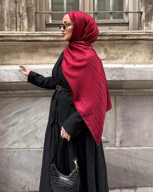 Bordo Şerit Desen Jakar Şal