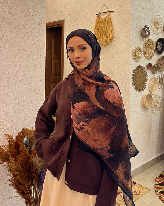 Camel Floral Desenli Müslin Şal