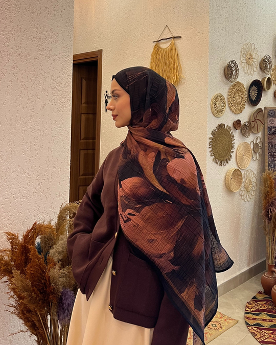 Camel Floral Desenli Müslin Şal