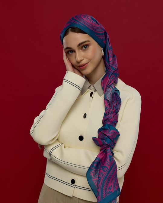 S-SULTANİ-05 Çini Mavisi & Şakayık Pembesi Sultani Desen Şal