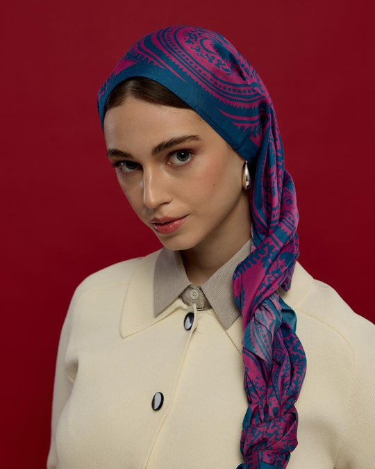 S-SULTANİ-05 Çini Mavisi & Şakayık Pembesi Sultani Desen Şal