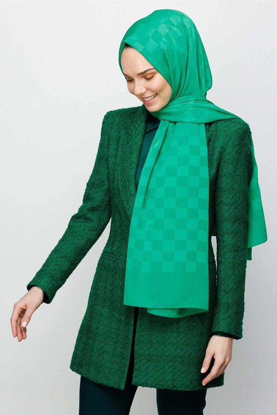 Benetton Yeşili Dama Desen İpeksi Jakar Şal
