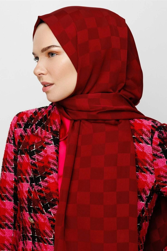 Bordo Dama Desen İpeksi Jakar Şal