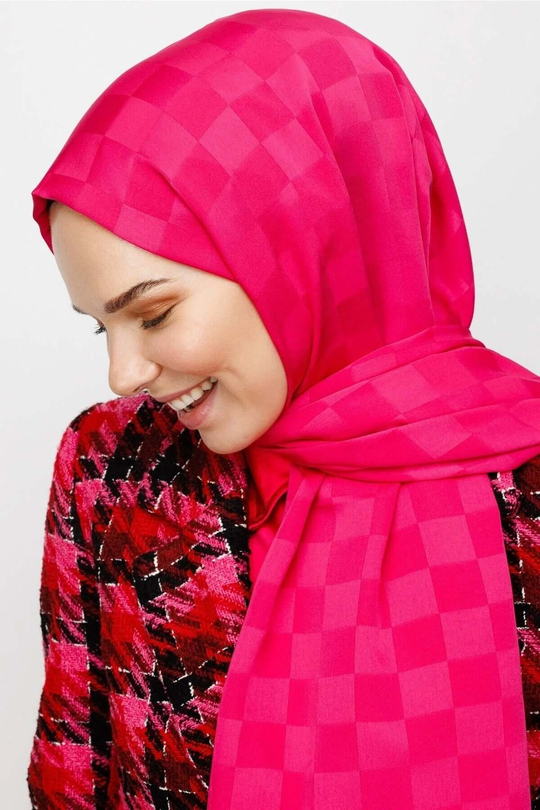 Fuşya Dama Desen İpeksi Jakar Şal
