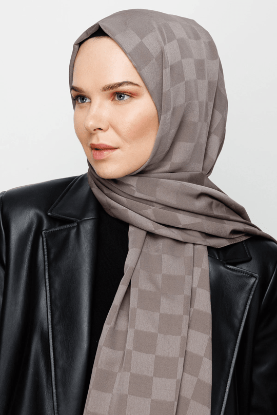 Gri Dama Desen İpeksi Jakar Şal