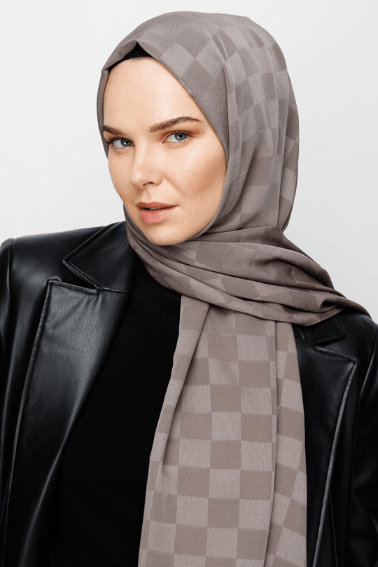 Gri Dama Desen İpeksi Jakar Şal